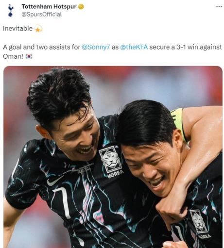 热刺官推称赞孙兴慜:1射2传带队击败阿曼,表现无可阻挡